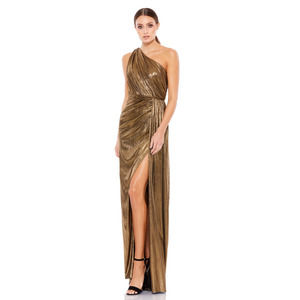 MAC DUGGAL Metallic Draped One Shoulder Grecian Gown Dress Gold Sz 8 NWT $398